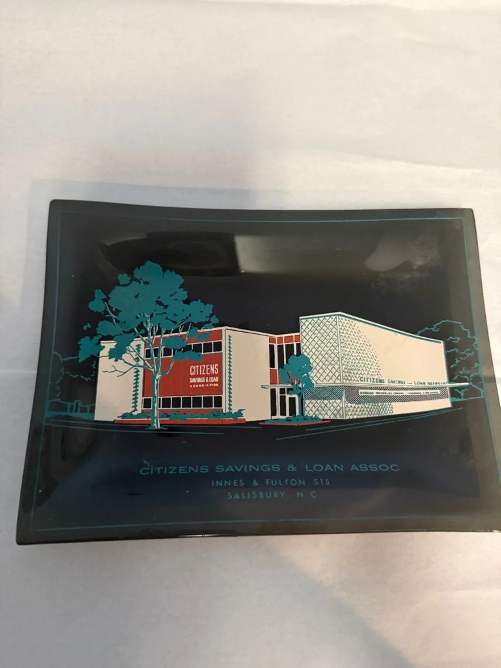 VTG Citizens Savings & Loan Dec. Glass Tray, Innes and Fulton STS, Salisbury, NC